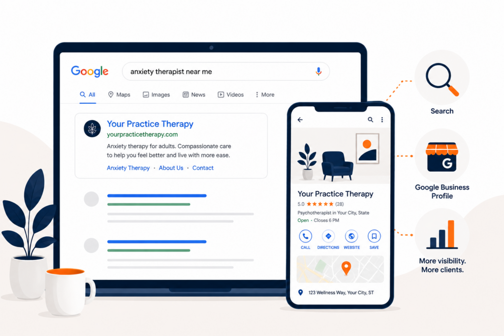 Illustration of a therapy practice website found on Google and viewed on desktop and mobile