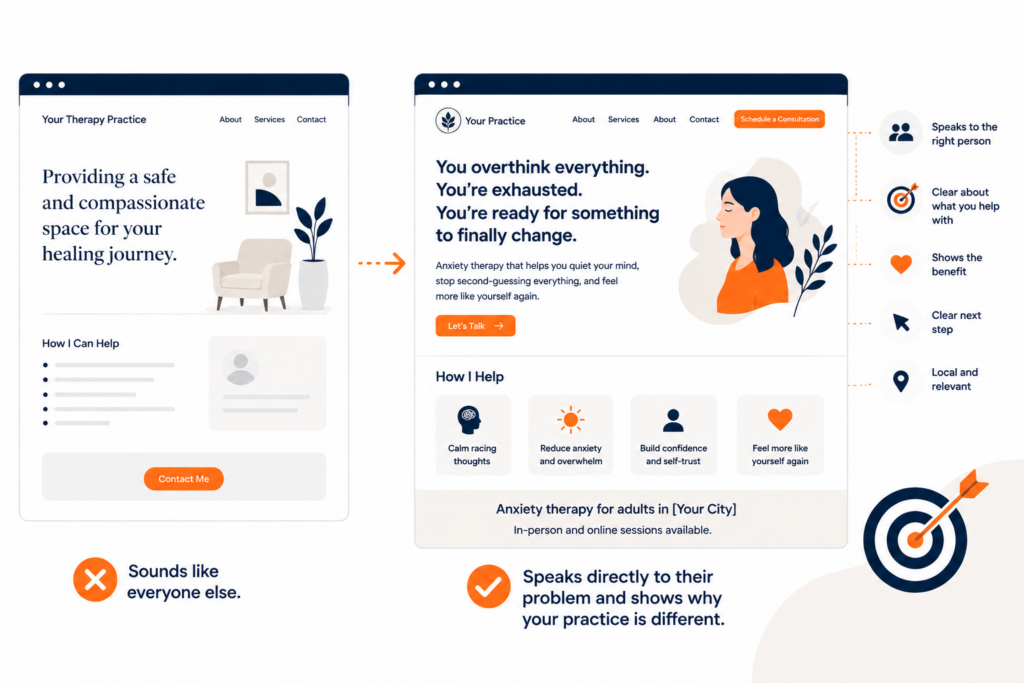 Comparison of a generic therapist website that sounds like everyone else and one that speaks directly to potential clients