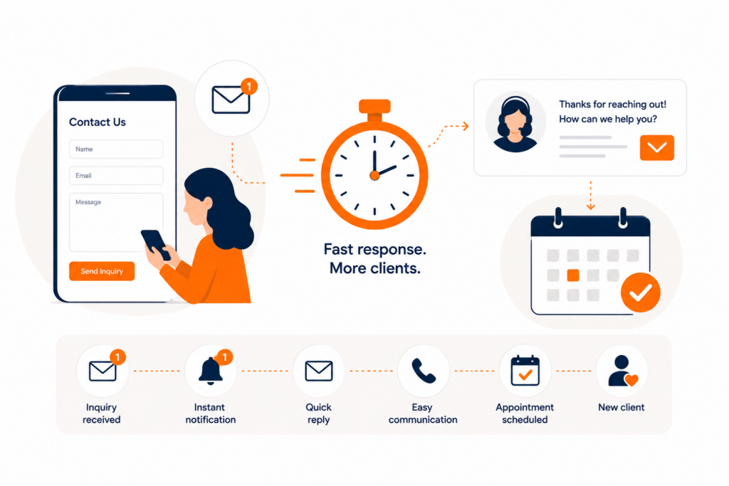 Illustration of a practice getting an instant notification for a new inquiry and responding quickly to book an appointment