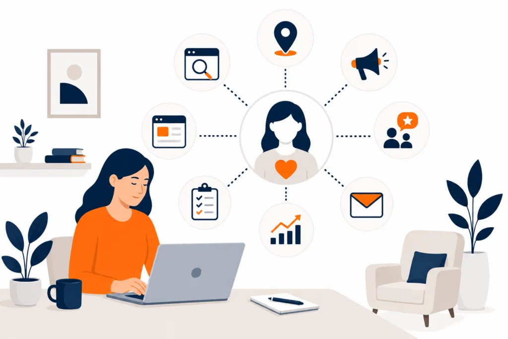 Illustration of a therapist at a laptop surrounded by marketing channel icons