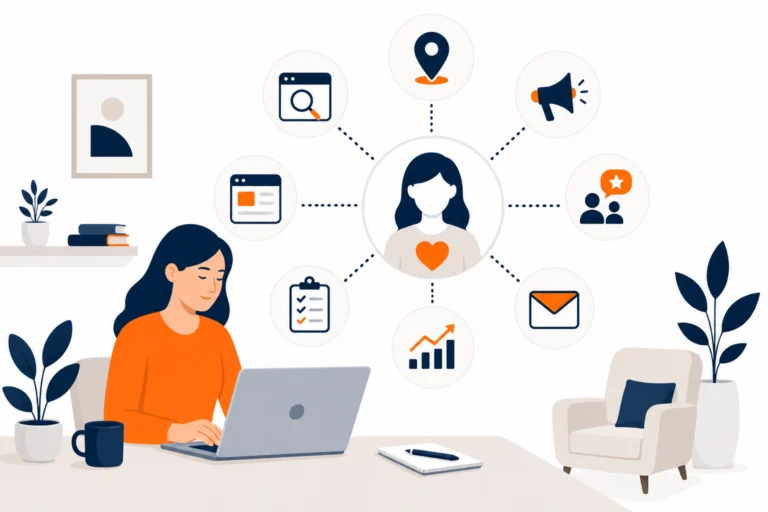Illustration of a therapist at a laptop surrounded by marketing channel icons