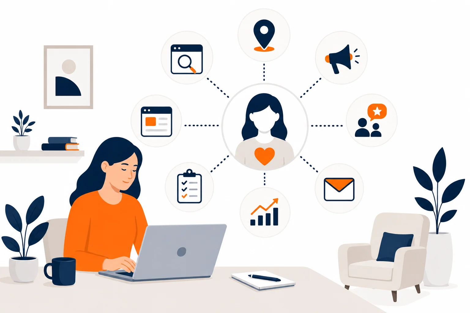 Illustration of a therapist at a laptop surrounded by marketing channel icons