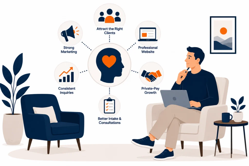 Illustration of a therapist surrounded by private-pay growth strategies