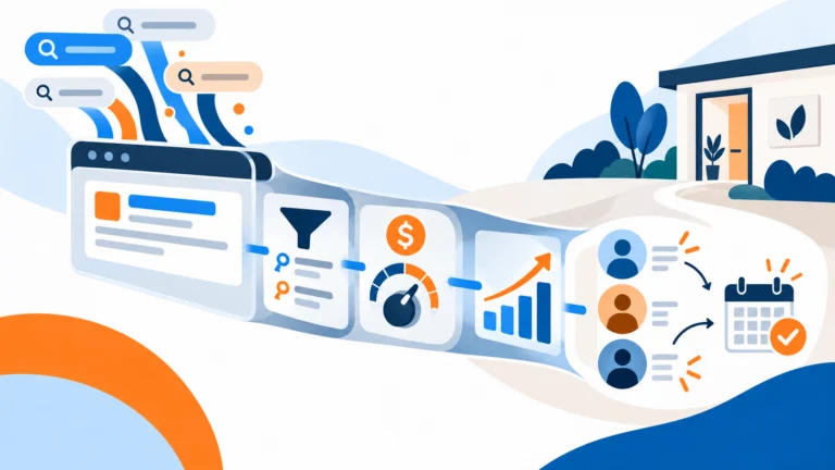 Illustration of a Google Ads funnel turning therapy searches into booked appointments