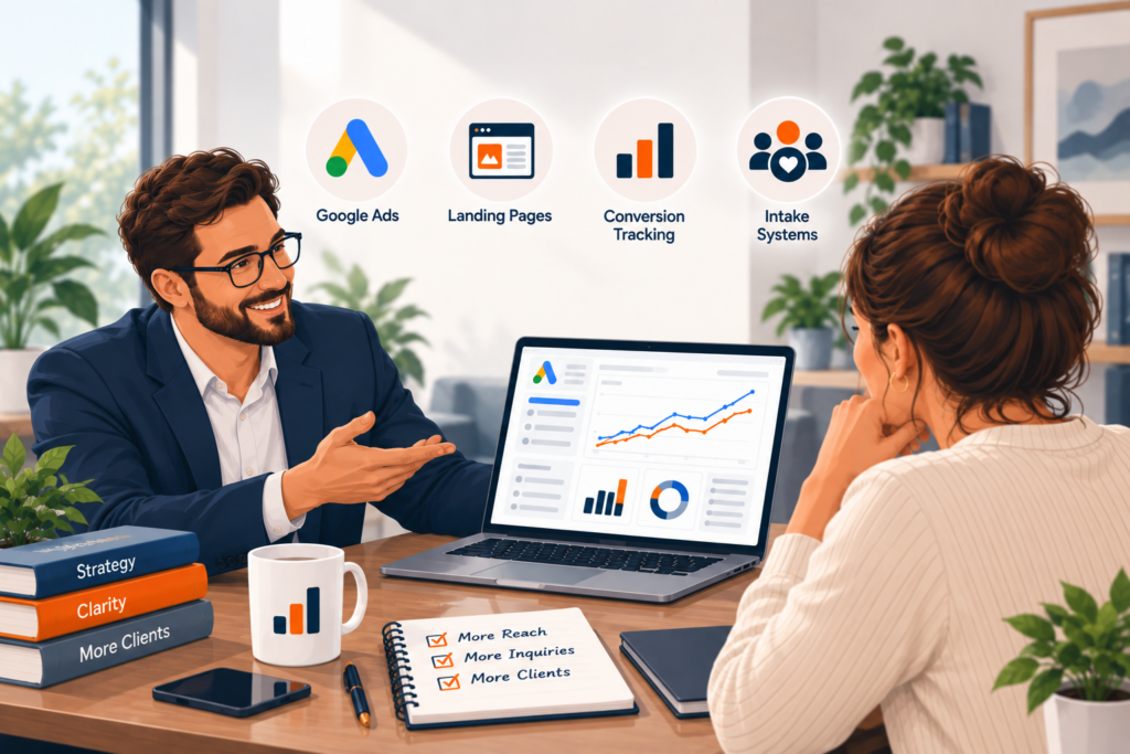 Illustration of a J Curve strategist reviewing a Google Ads plan with a therapist