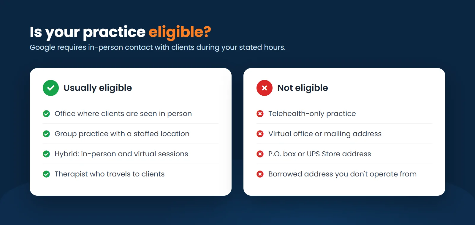 Which therapy practices are eligible for a Google Business Profile