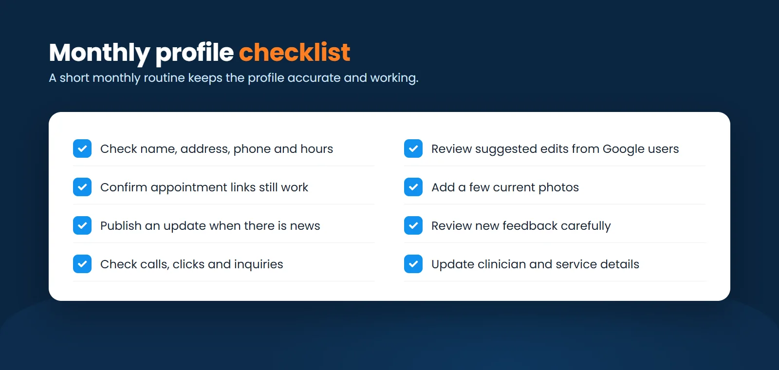 Monthly Google Business Profile checklist for therapists