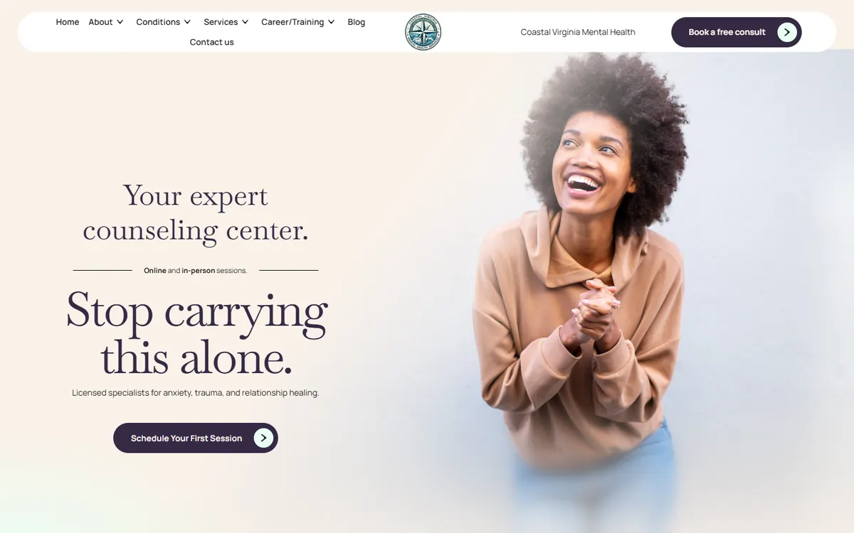 Coastal Virginia Mental Health website homepage