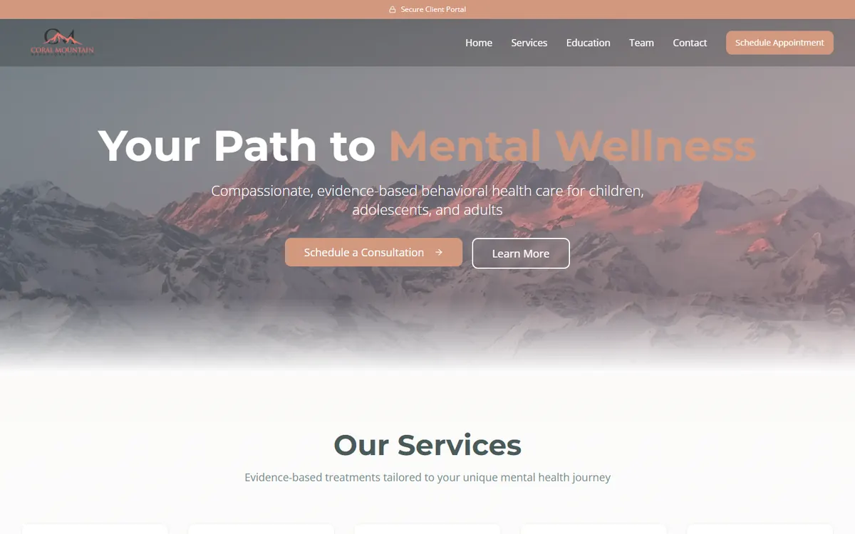 Coral Mountain Behavioral Health website homepage