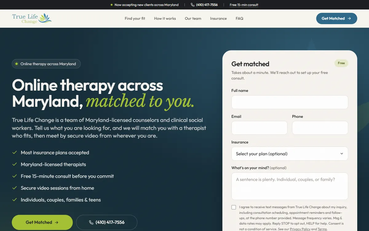 True Life Change online therapy Maryland website homepage